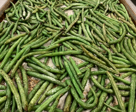 Roasted Green Beans on baking sheet.