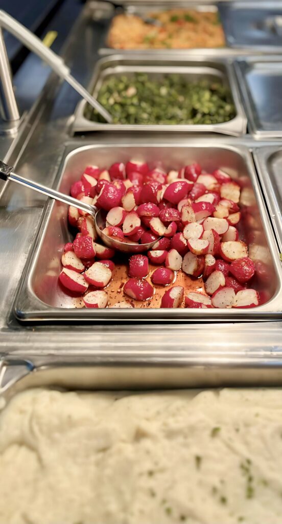 Honey Pepper Roasted Radishes in serving pan.