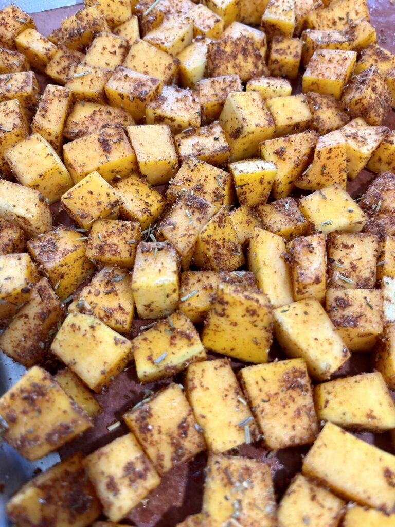 Season butternut squash before slow roasting.