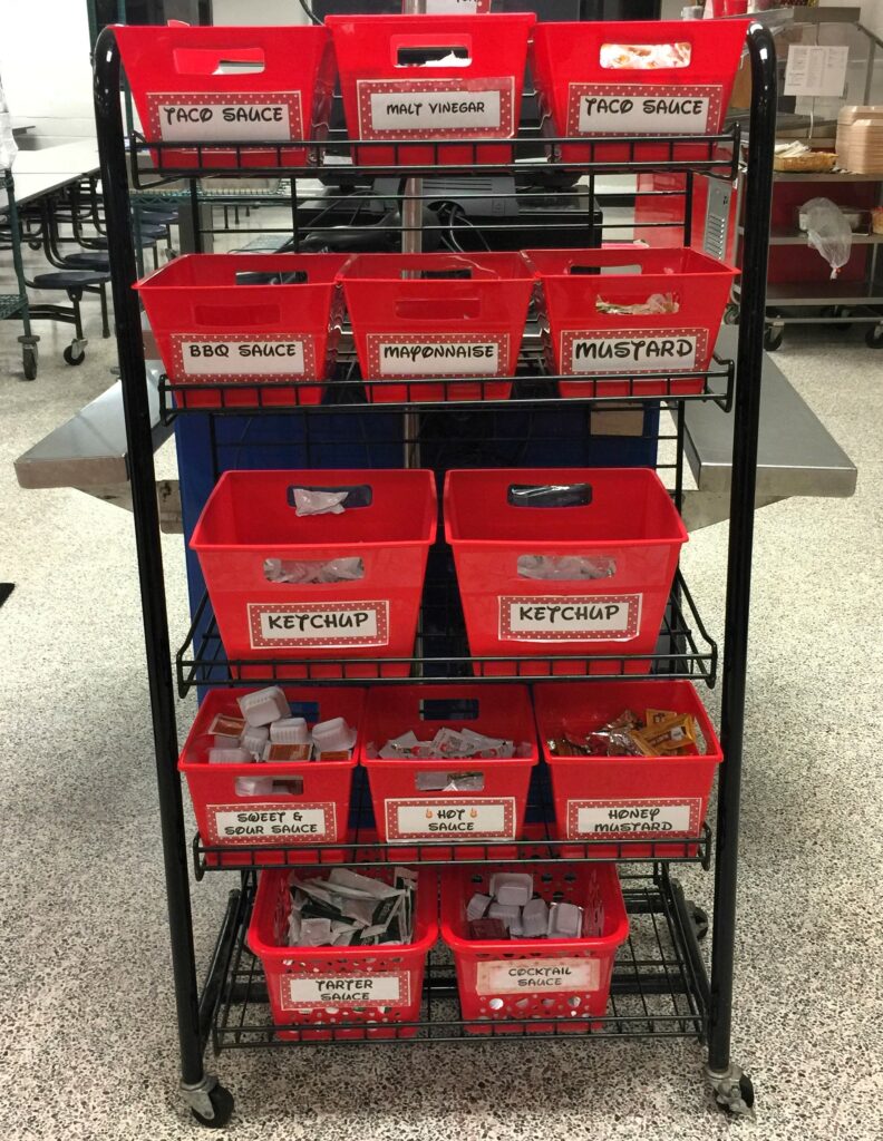 Condiments displayed on lunch line.
