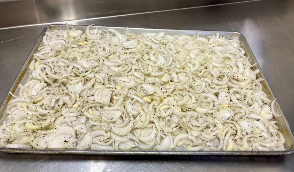 Onions and garlic prior to slow roasting.