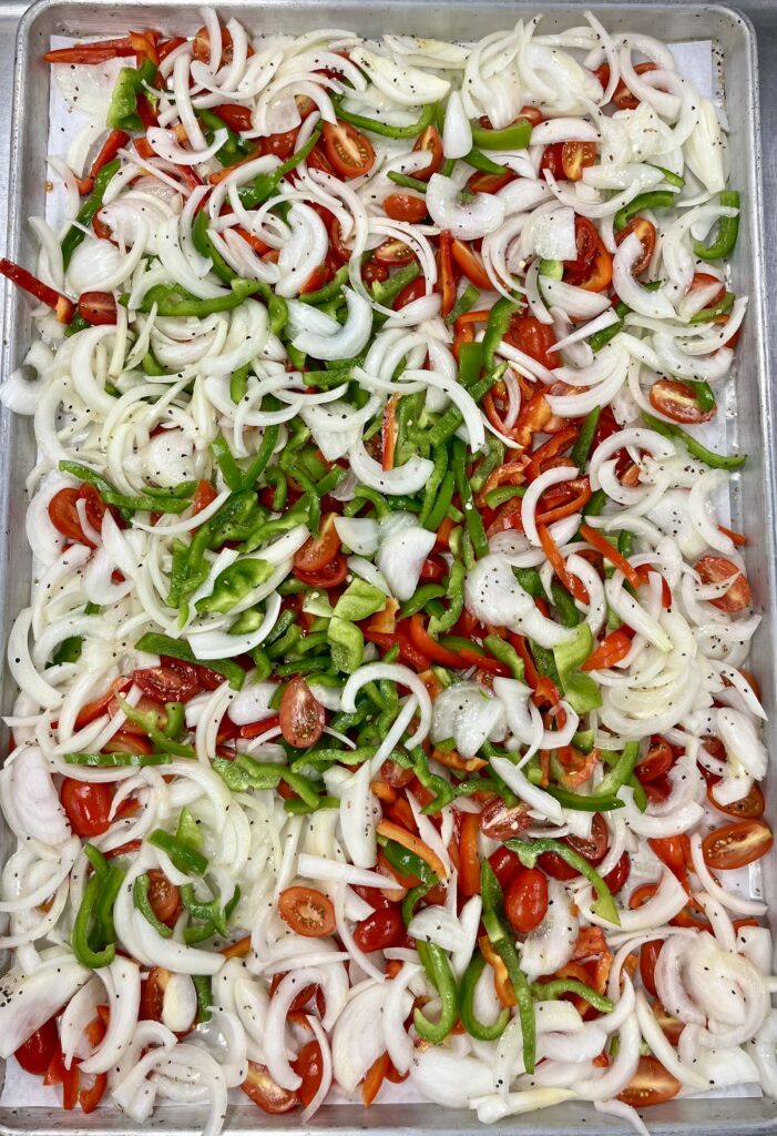 Onions, Bell Peppers, and Tomatoes prior to slow roasting.