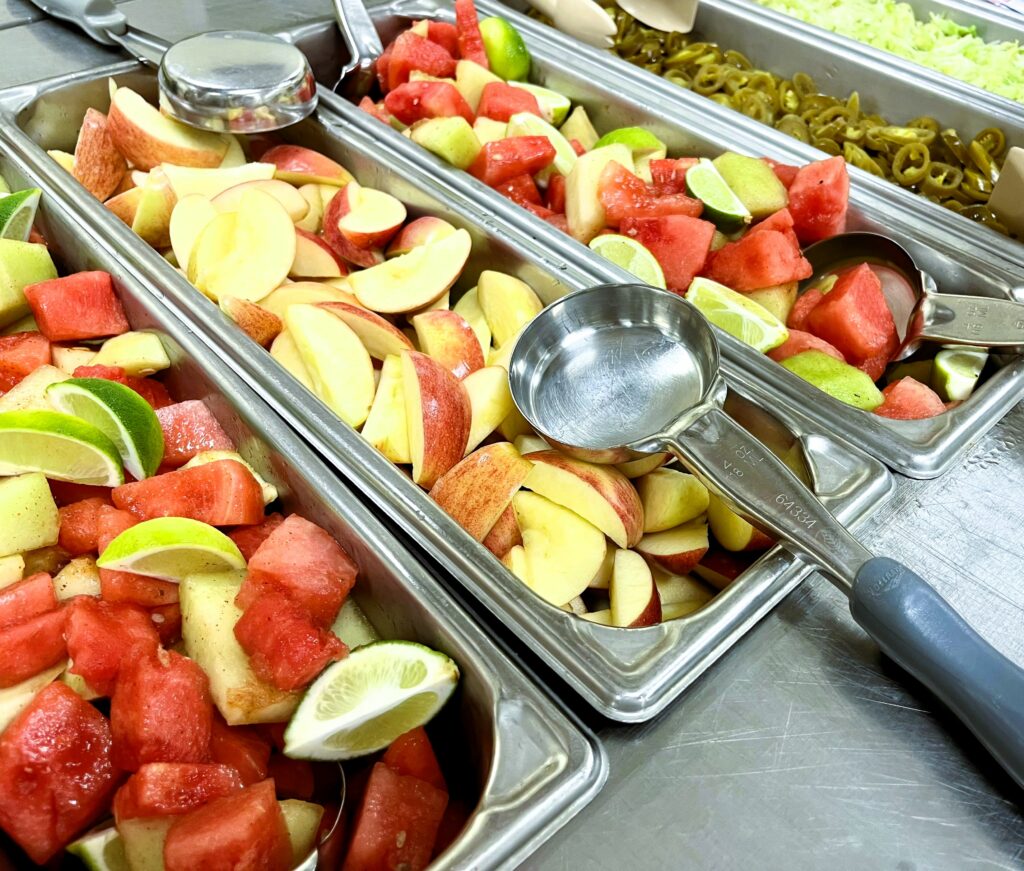 Chili-Lime Melon Mix in 4-inch skinny pans for service.