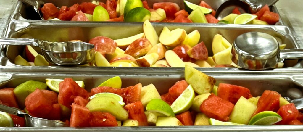 Chili-Lime Melon Mix in 4-inch skinny pans for service.