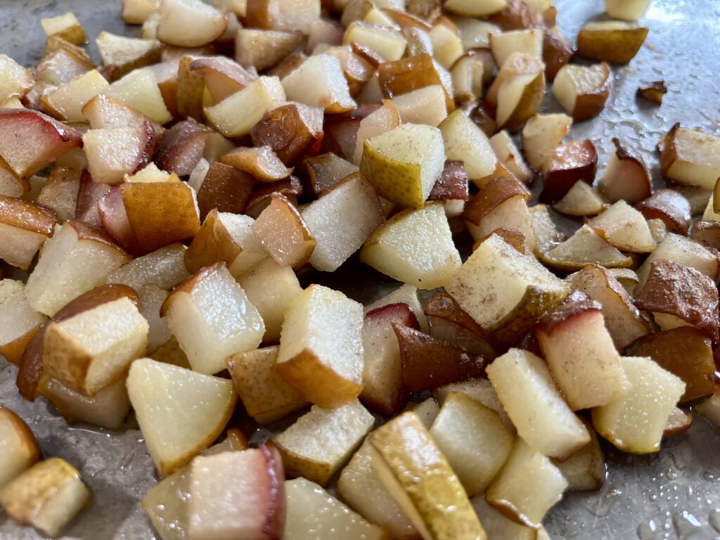 Cardamom scented Roasted Pears on pan.