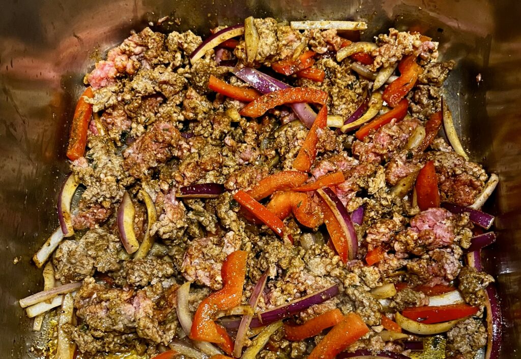 Jamaican Beef and Vegetable sauté mixture.