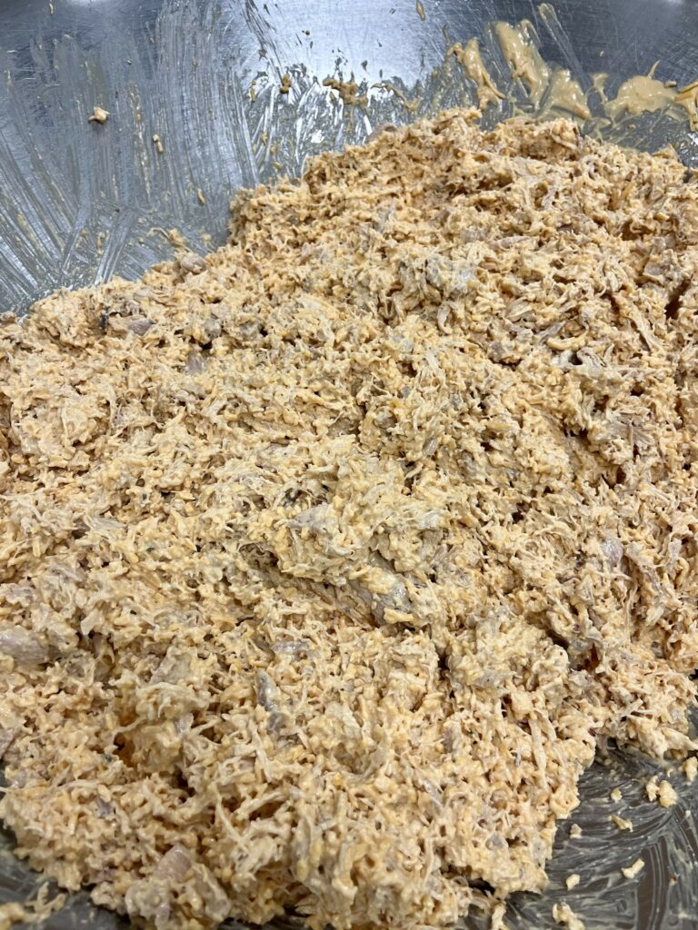 Smoked Buffalo Chicken Dip mixture prior to baking.