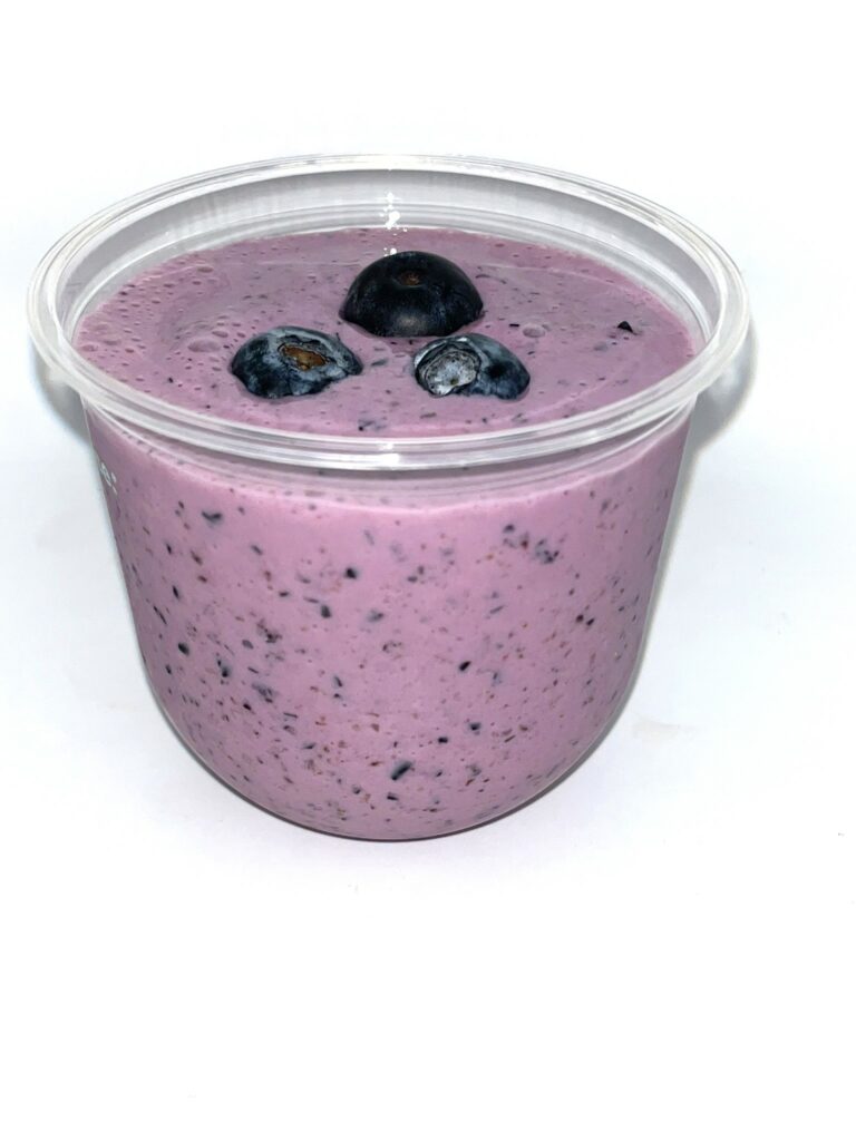 Blueberry Smoothie blend of yogurt, blueberries and 1% milk.