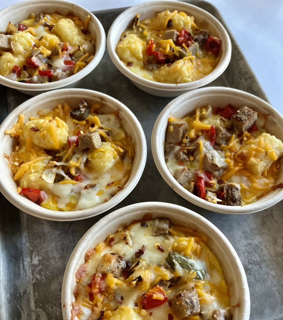 Cheesy egg & sausage tot bake breakfast bowls