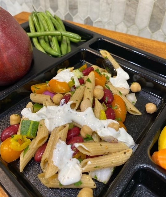 Greek Veggie & Bean Pasta Salad.