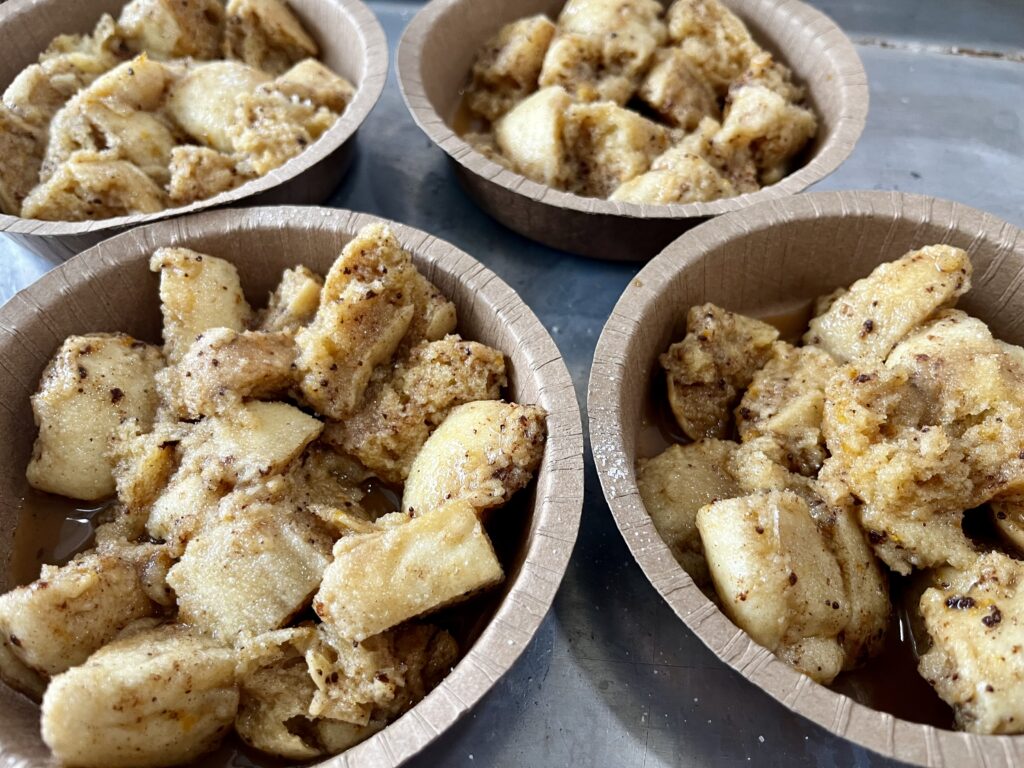 Cinni Crunch French Toast Bake bowls prior to baking.