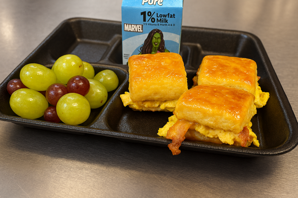 Bacon Egg and Cheese Minis served with fresh grapes and milk.