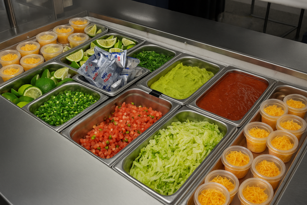Fresh taco bar condiments displayed on the serving line.
