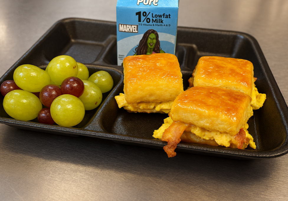 Bacon Egg and Cheese Minis served with fresh grapes and milk.
