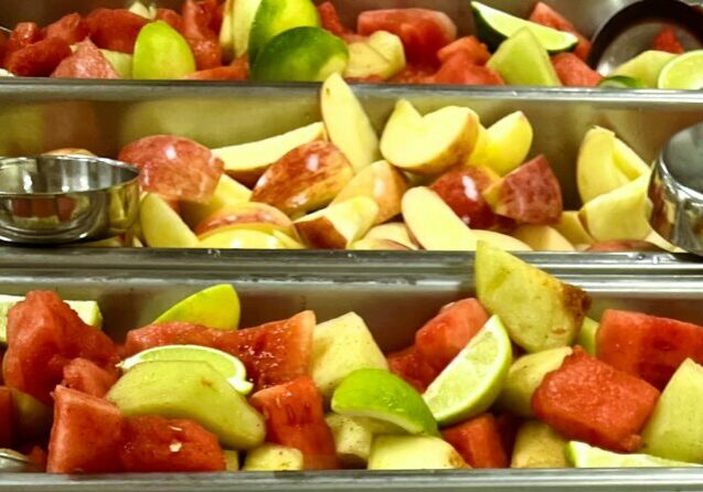 Chili-Lime Melon Mix in 4-inch skinny pans for service.