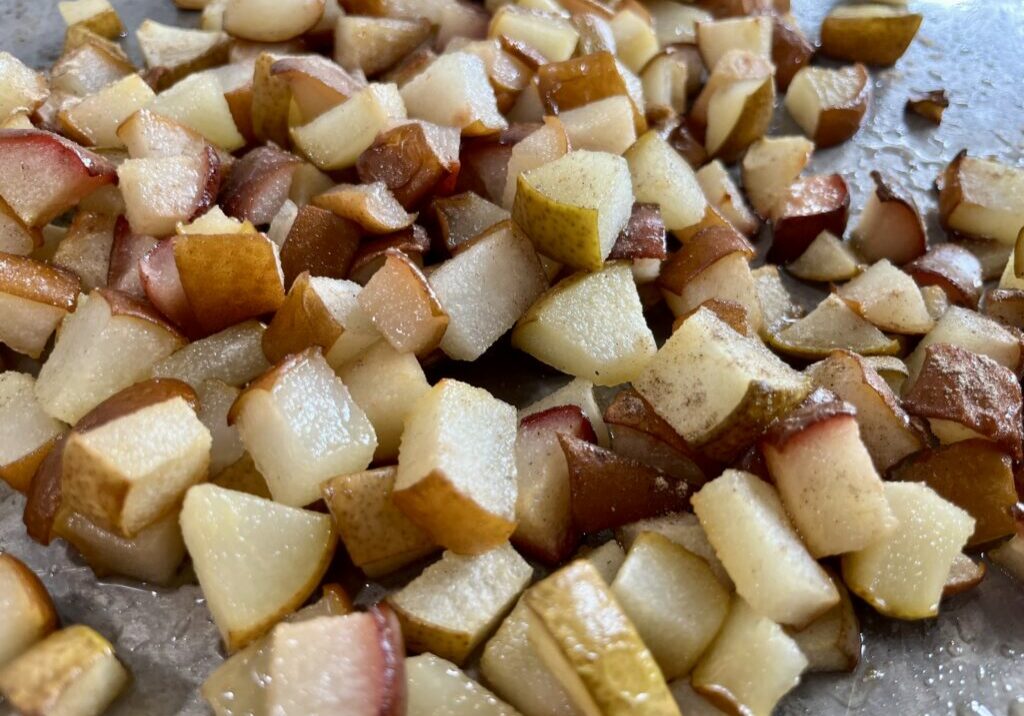 Cardamom scented Roasted Pears on pan.