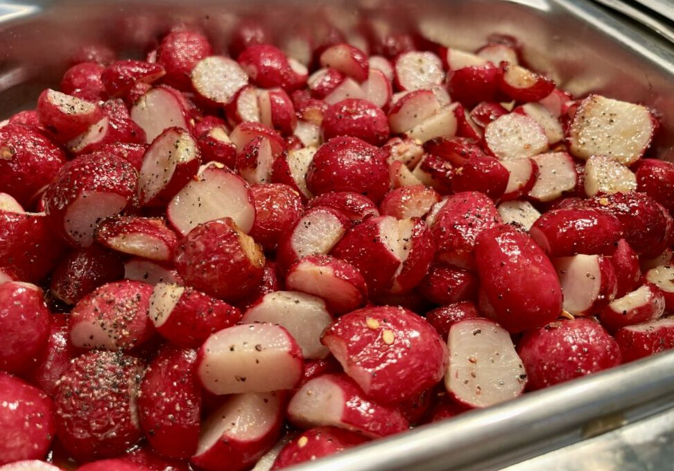 Honey Pepper Roasted Radishes in serving pan.