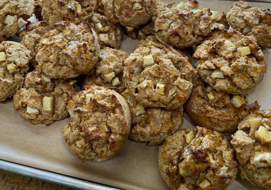 Apple Spiced Drop Biscuits on a baking sheet.