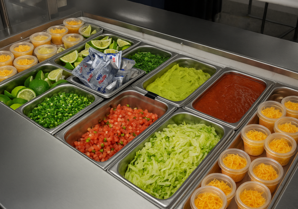 Fresh taco bar condiments displayed on the serving line.